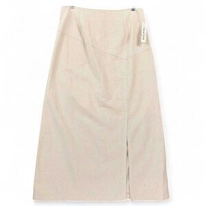 Marla Kim Linen Cotton Midi Skirt Womens XL Beige A-Line Front Slit Minimalist
